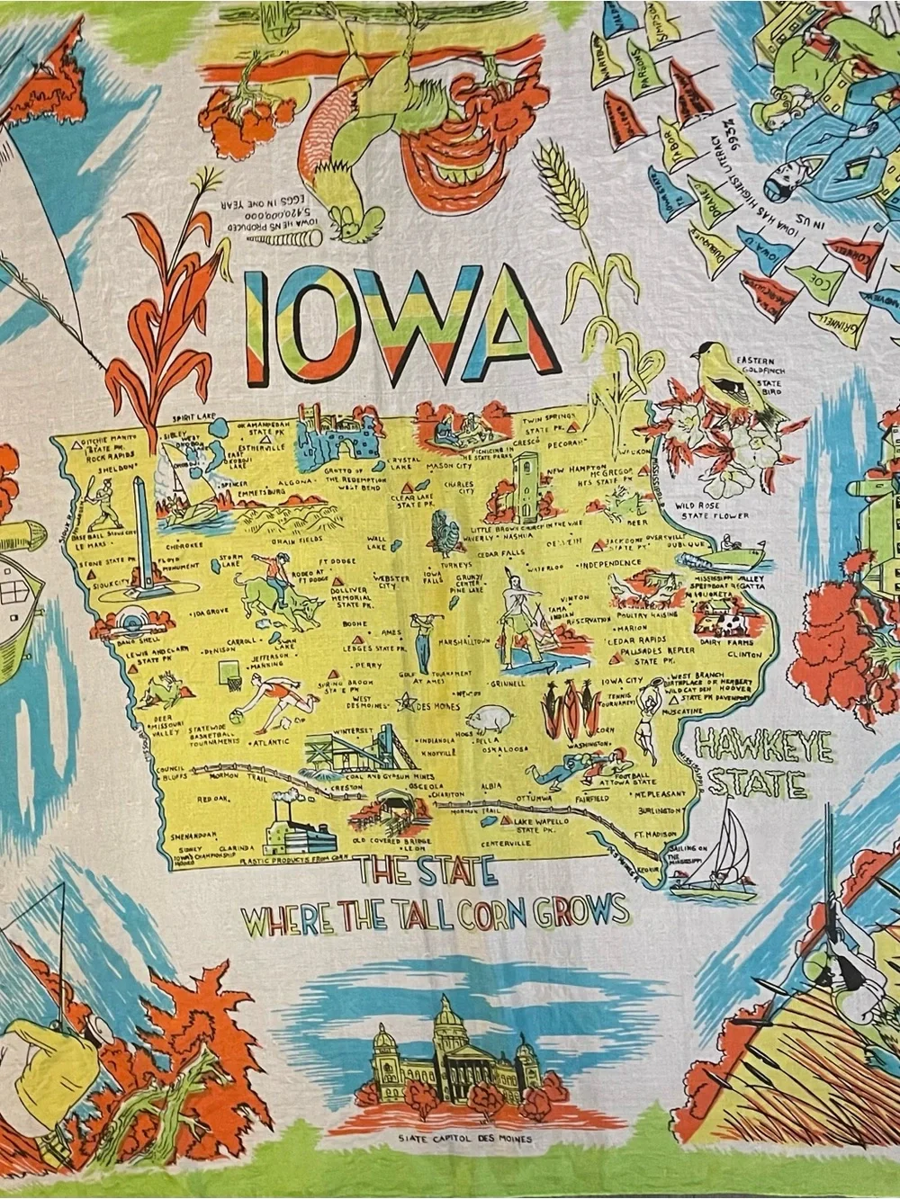 Rare Vintage 50s Iowa Souvenir Silk Scarf 30 In Sq Very Good Condition